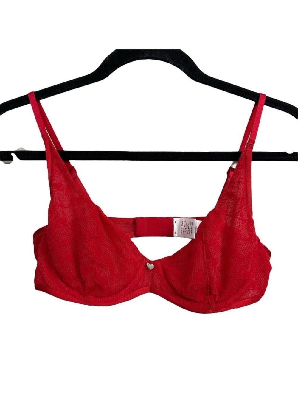 Calvin Klein Red Lace Unlined Demi Bra NWT 36A Heart Charm‎ Sheer Mesh Underwire